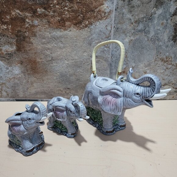 OCI Elephant Tea Set Teapot Creamer Sugar Bowl Repaired Chip - Picture 12 of 14